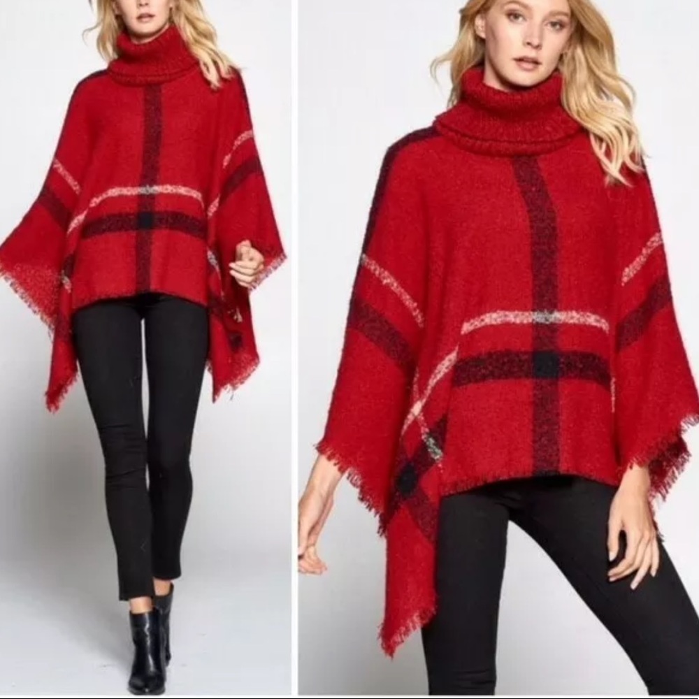 NWT RESERVED NOT FOR PURCHASE Knit Plaid Turtleneck Poncho w/Fringe Hemline - Picture 2 of 2
